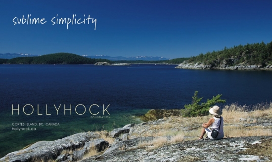 Post card from Hollyhock retreat on Cortes Island, BC Canada. It says 'sublime simplicity' and has a seated figure looking out at a blue ocean.